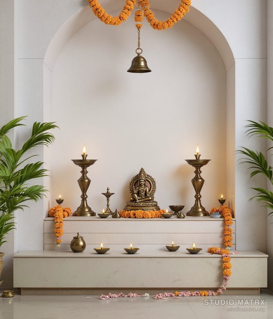 Pooja Room Brass Lamp Altar — Warm Neutral