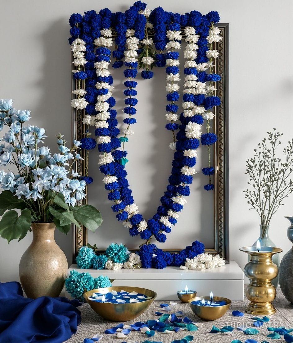 Pooja Room Floral Offering Styling — Blue & Ivory