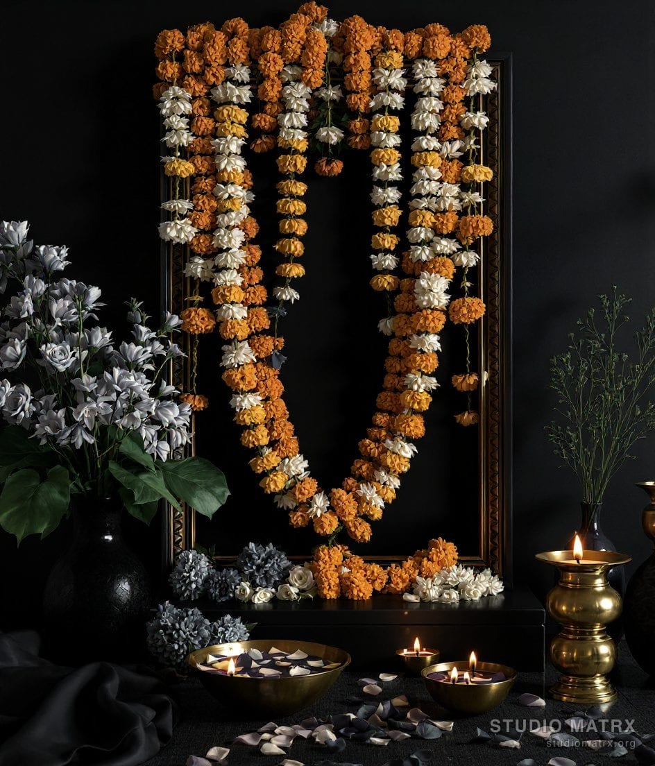 Pooja Room Floral Offering Styling — Charcoal & Gold