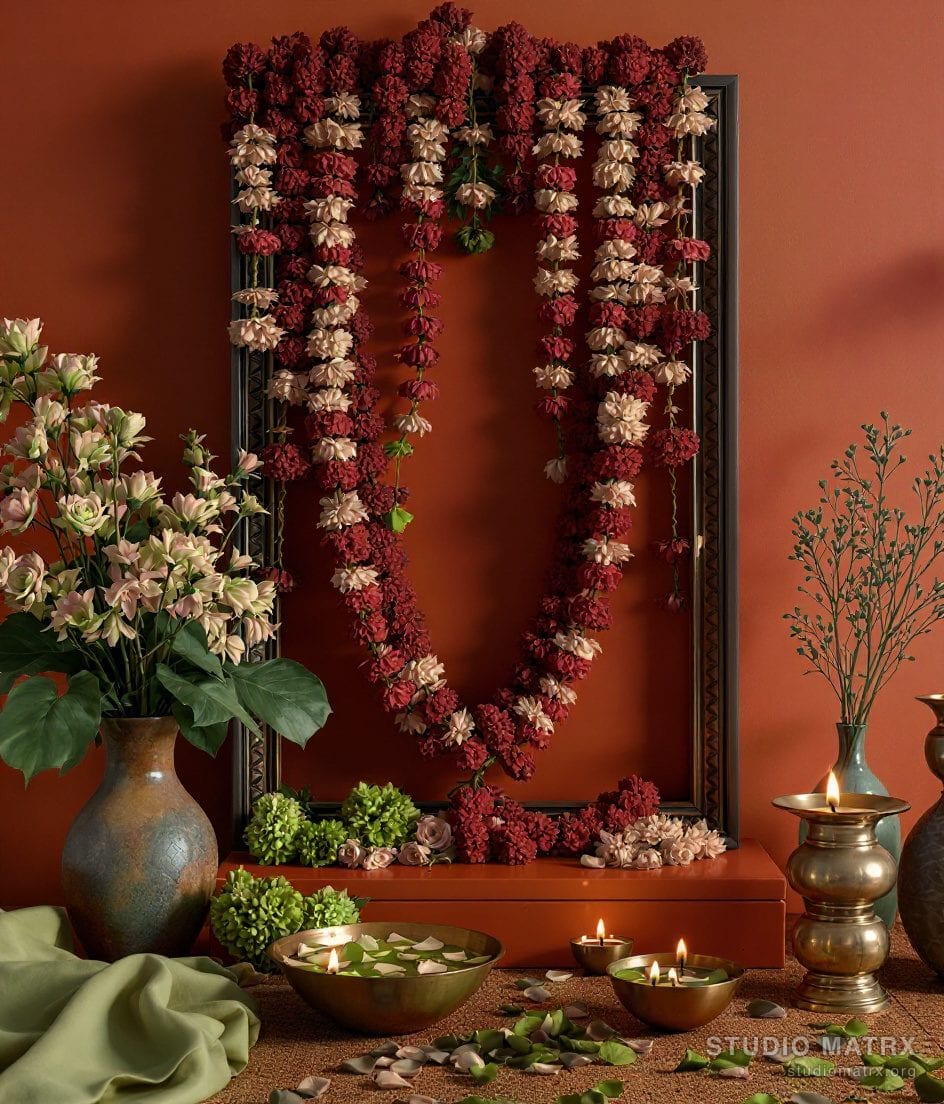 Pooja Room Floral Offering Styling — Terracotta & Olive