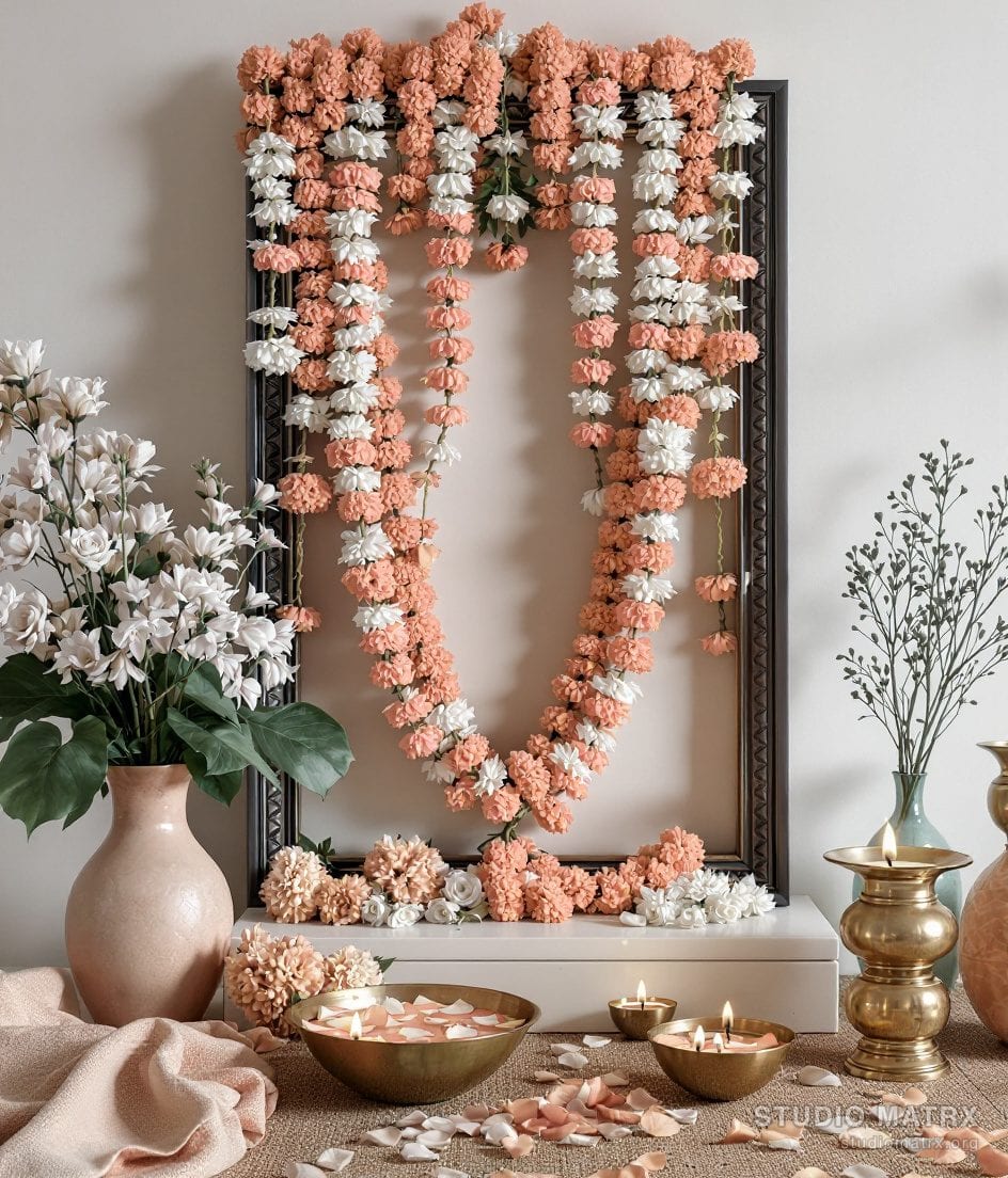 Pooja Room Floral Offering Styling — Warm Neutral