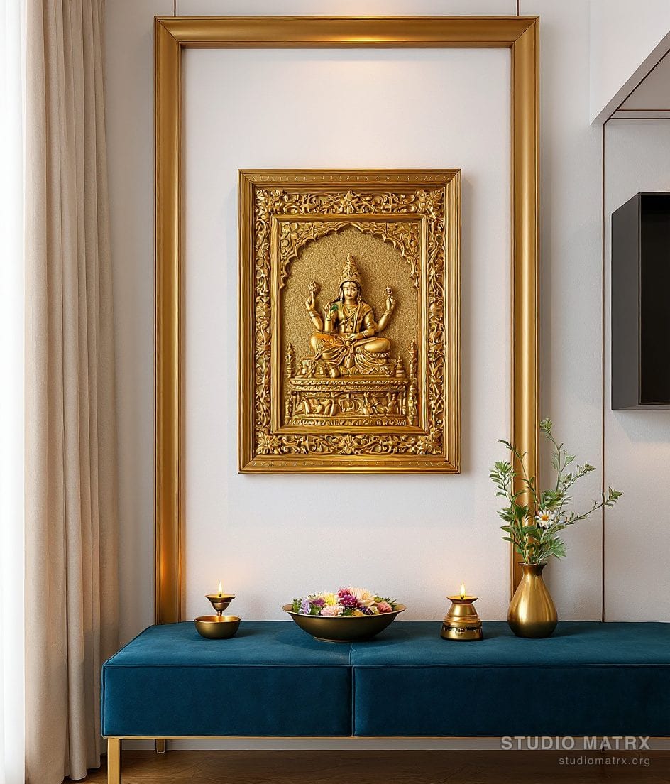 Pooja Room Traditional Wall Art — Blue & Ivory