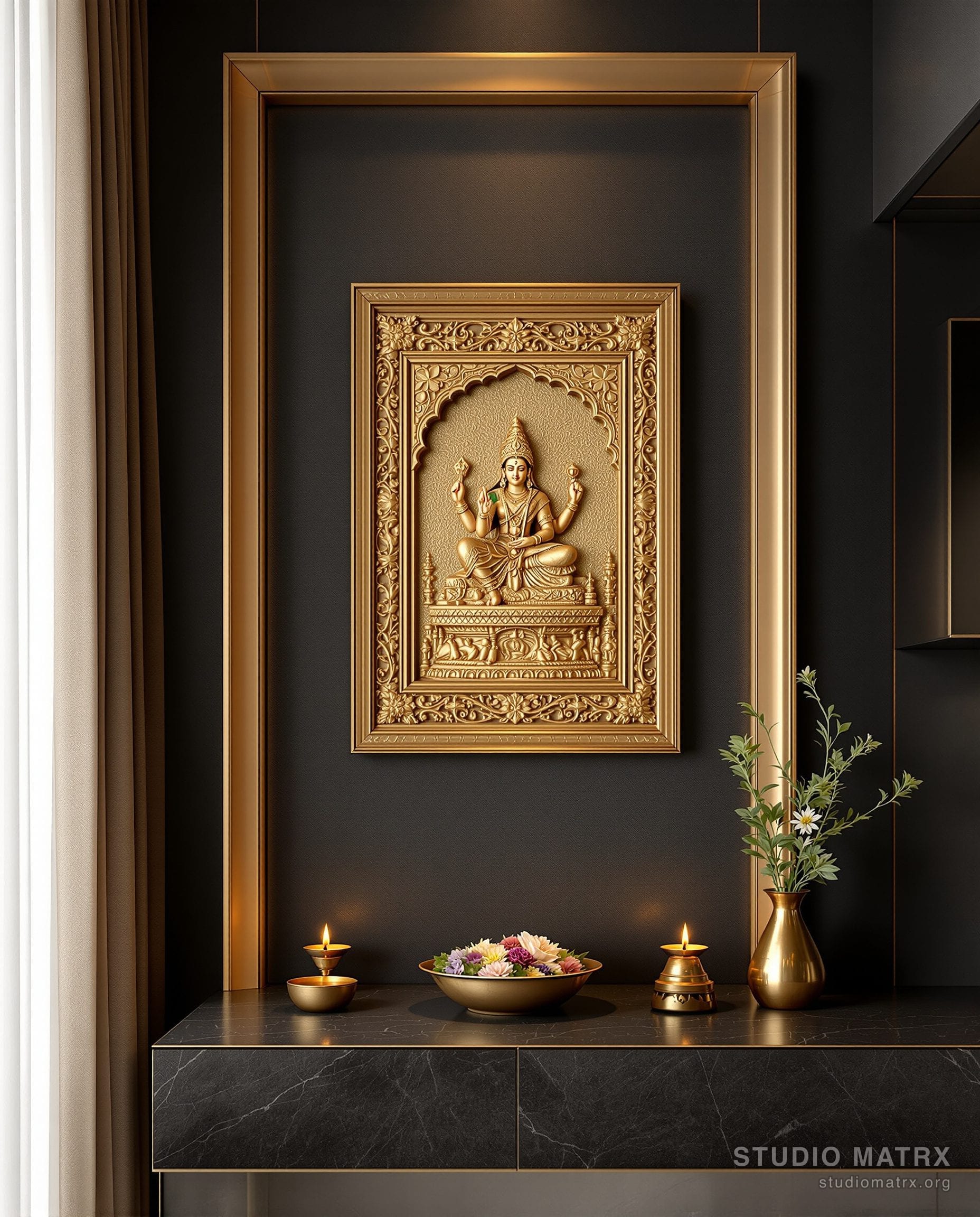 Pooja Room Traditional Wall Art — Charcoal & Gold