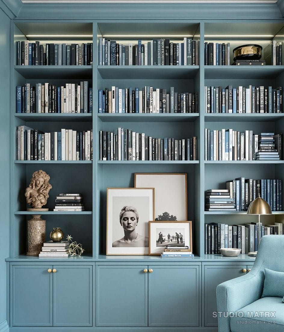 Curated Study Bookcase Display — Blue & Ivory
