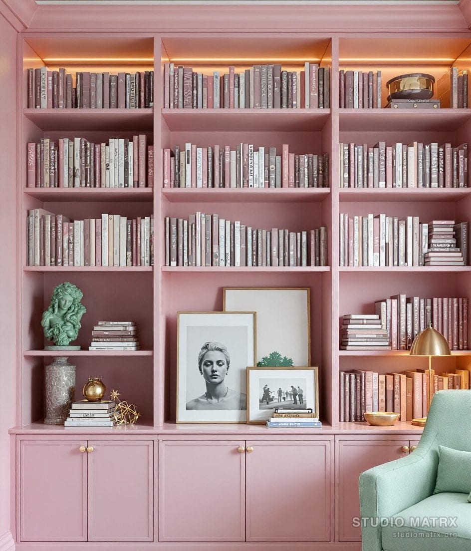 Curated Study Bookcase Display — Blush & Sage