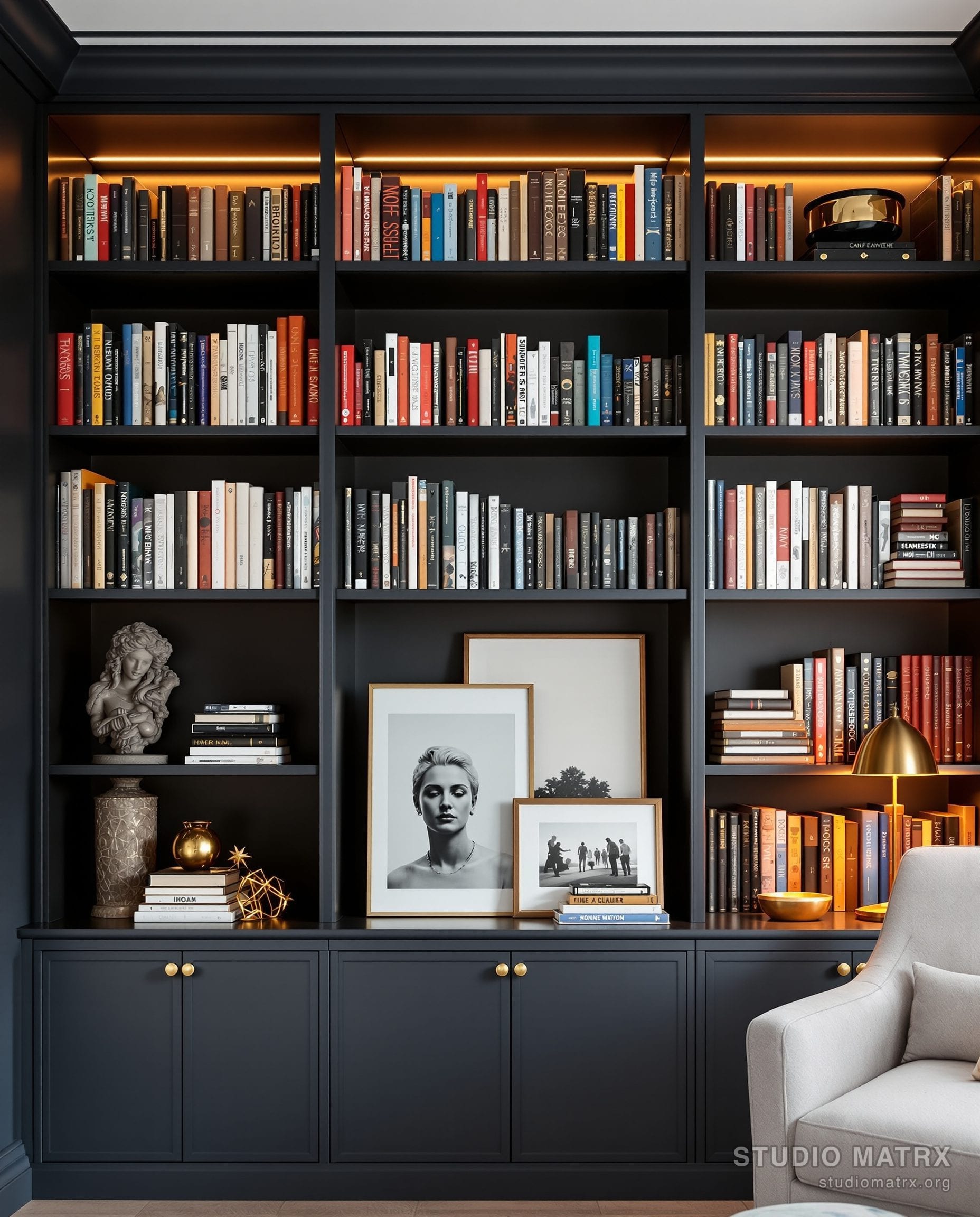 Curated Study Bookcase Display — Charcoal & Gold