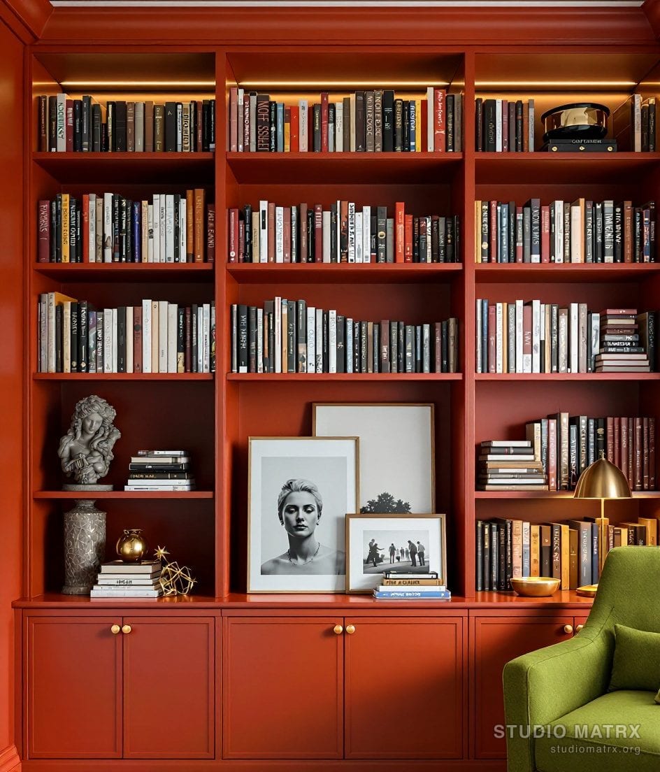 Curated Study Bookcase Display — Terracotta & Olive