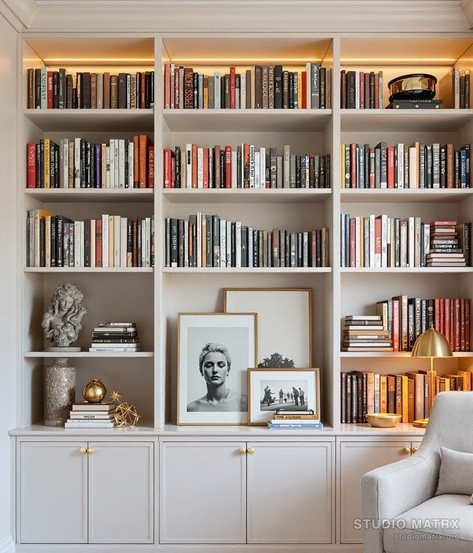 Curated Study Bookcase Display — Warm Neutral