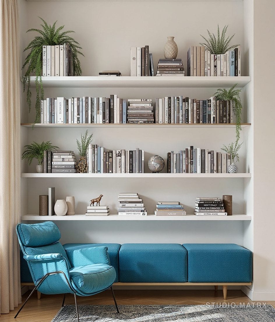 Study Floating Bookshelf Styling — Blue & Ivory