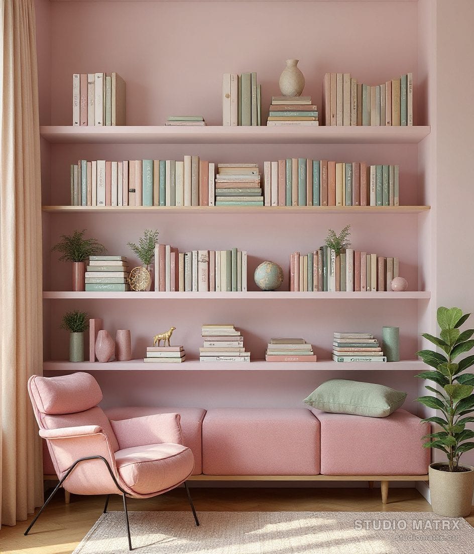 Study Floating Bookshelf Styling — Blush & Sage