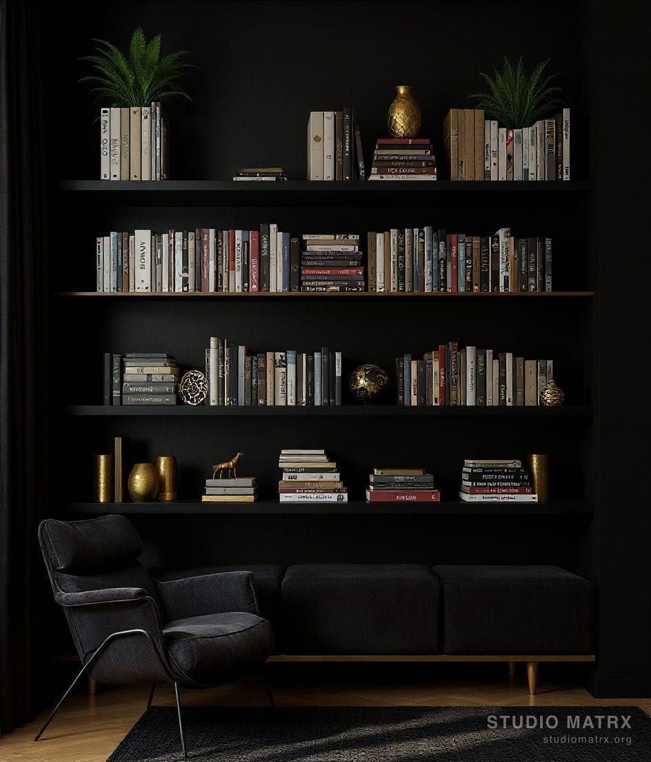 Study Floating Bookshelf Styling — Charcoal & Gold