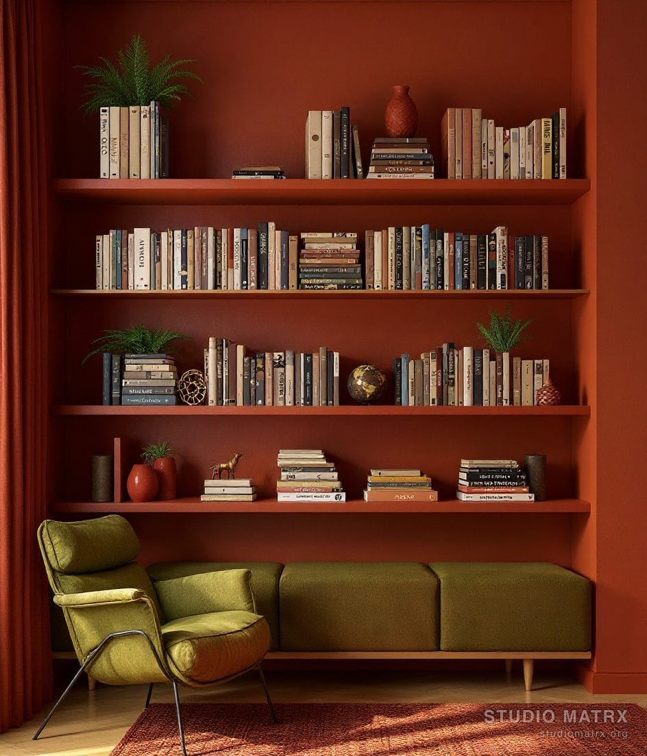 Study Floating Bookshelf Styling — Terracotta & Olive