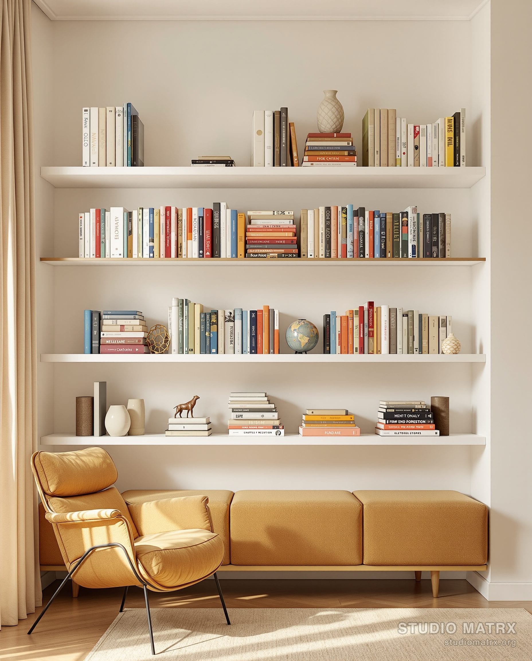 Study Floating Bookshelf Styling — Warm Neutral