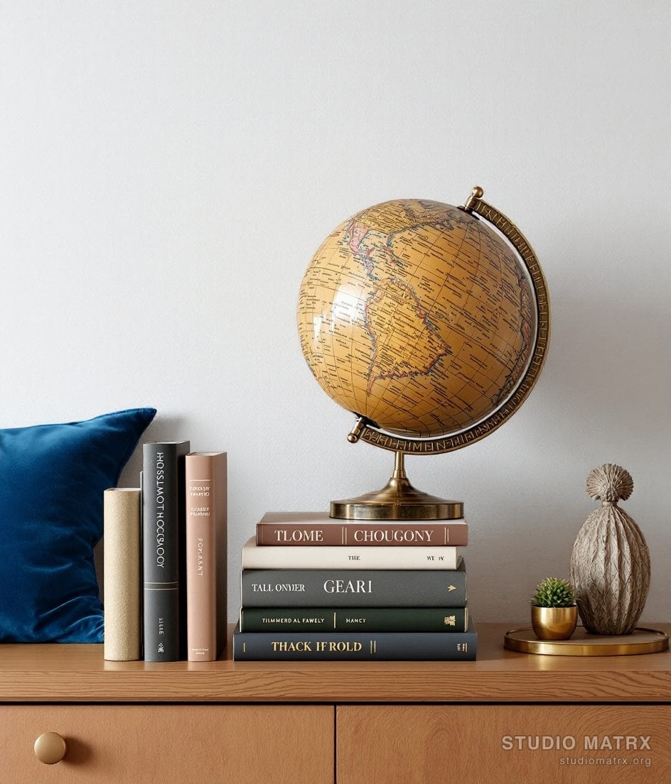 Study Globe And Books Vignette — Blue & Ivory