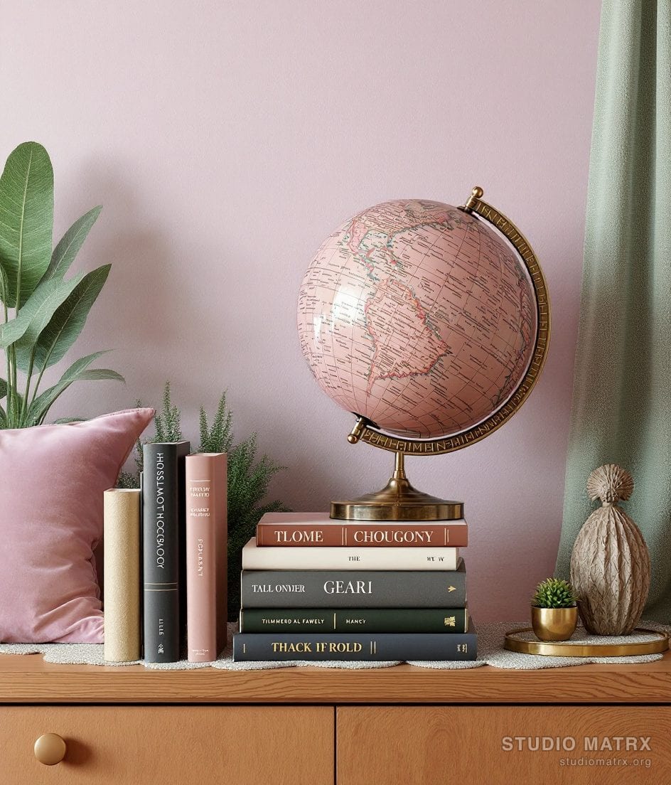 Study Globe And Books Vignette — Blush & Sage