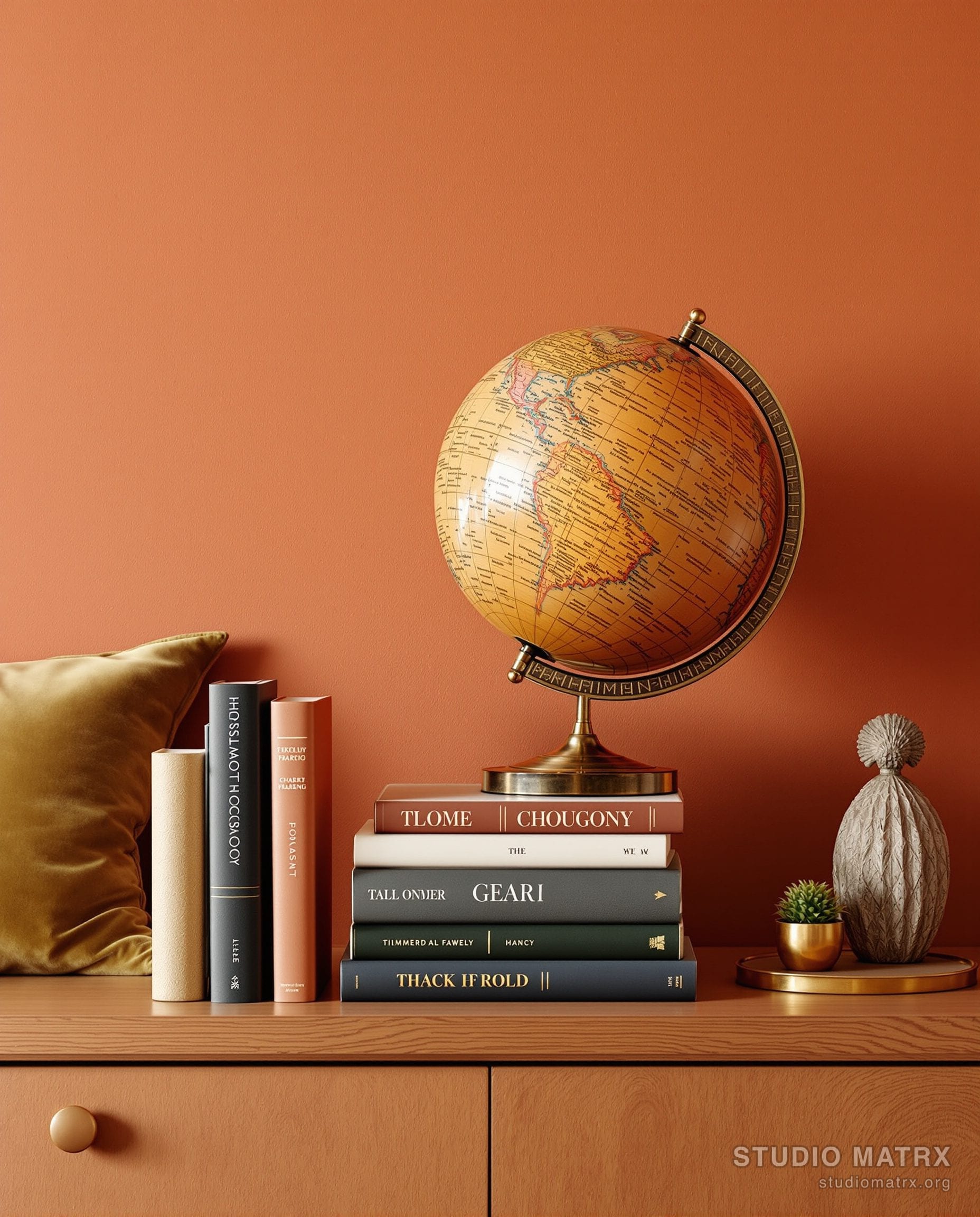 Study Globe And Books Vignette — Terracotta & Olive