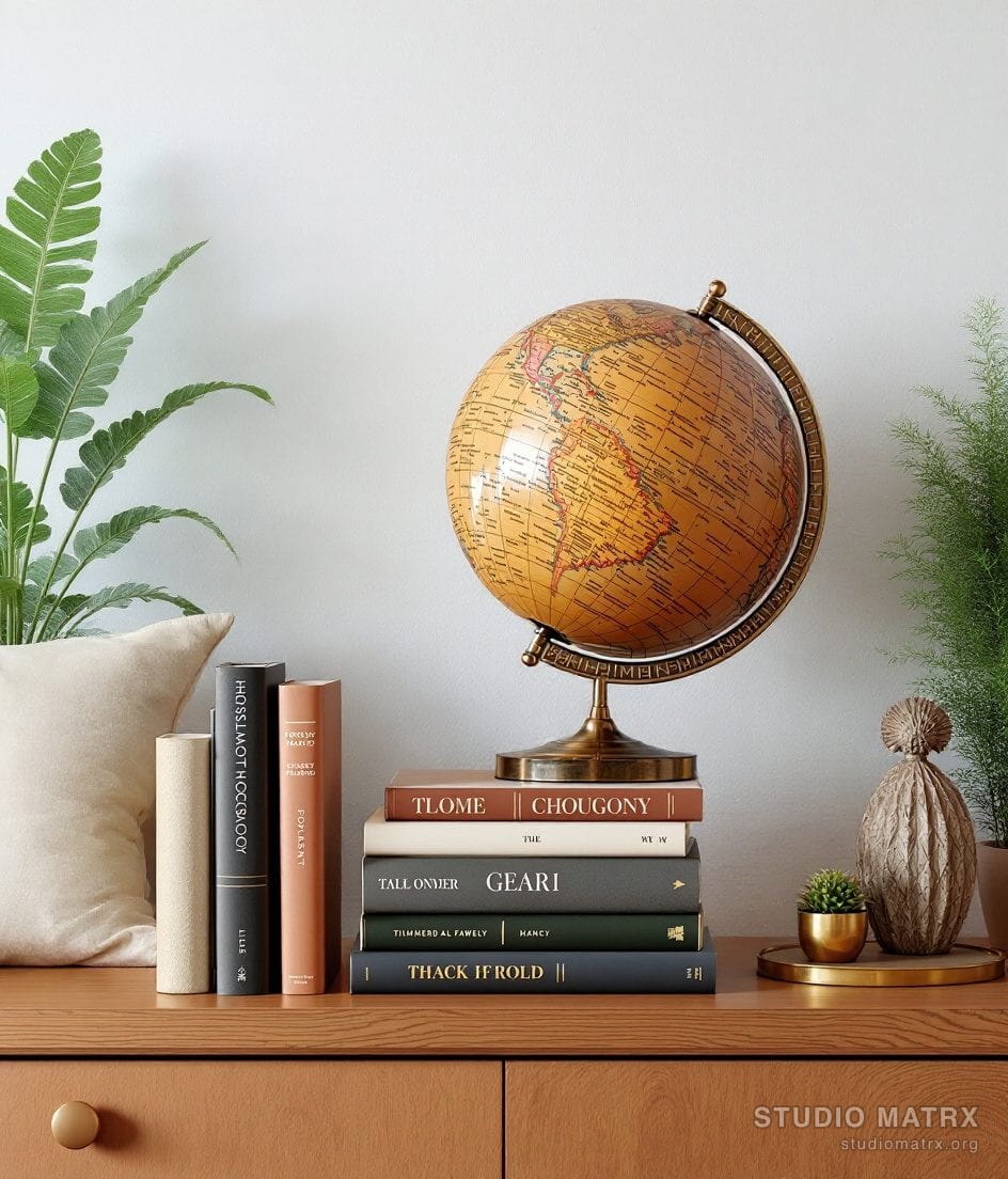 Study Globe And Books Vignette — Warm Neutral