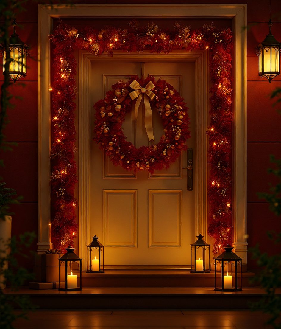Christmas Door Wreath Entrance — Gold & Crimson