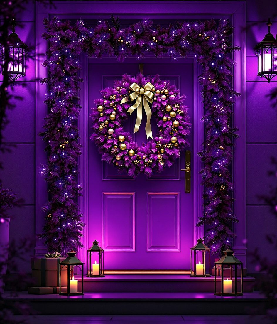 Christmas Door Wreath Entrance — Purple & Gold