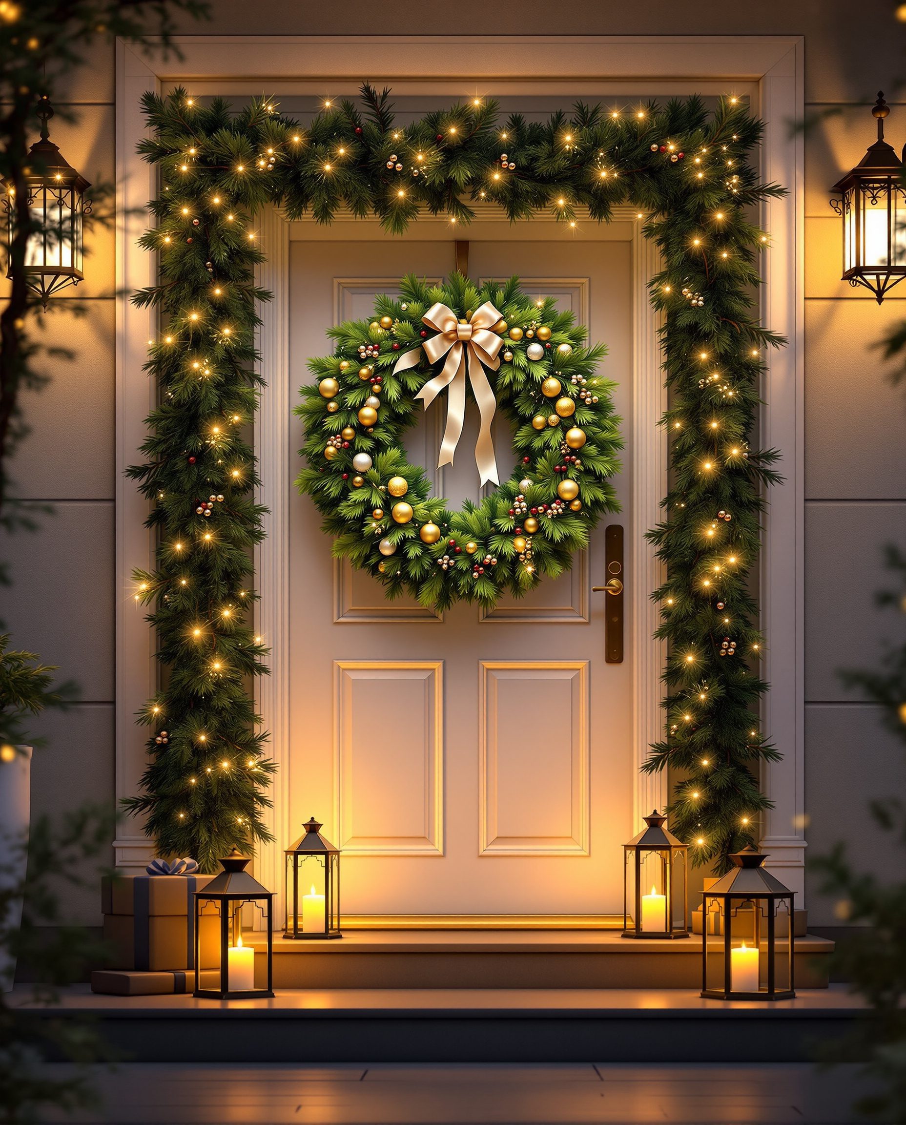 Christmas Door Wreath Entrance — White & Gold