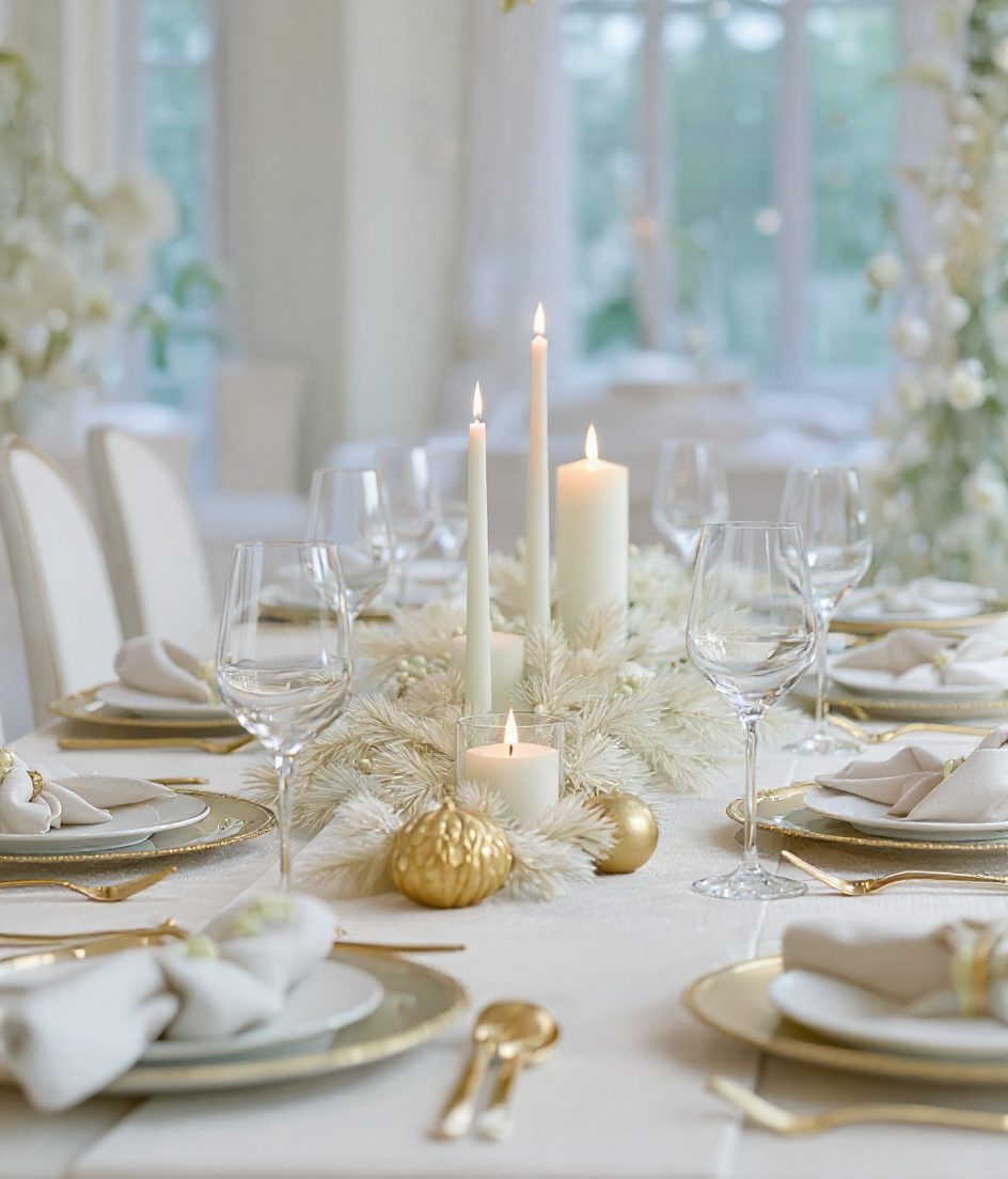 Christmas Festive Dining Table — White & Gold