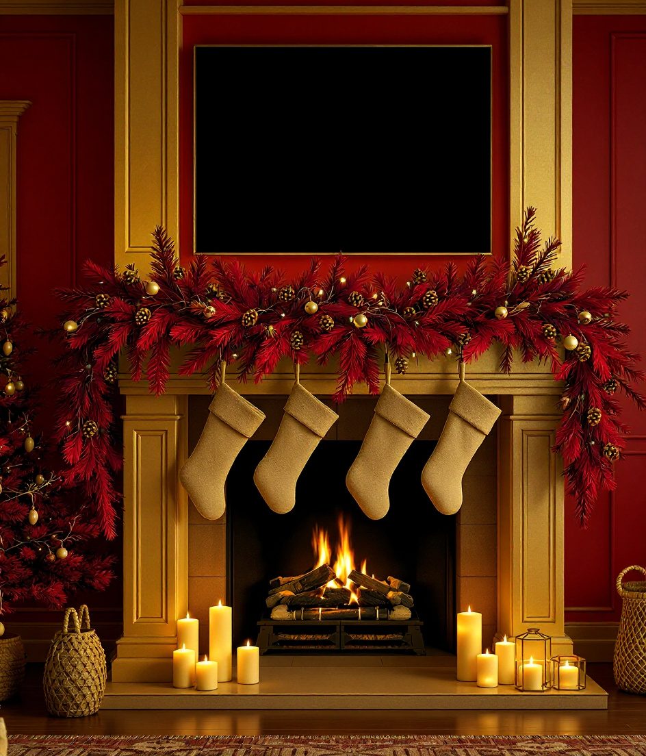 Christmas Mantel Garland — Gold & Crimson
