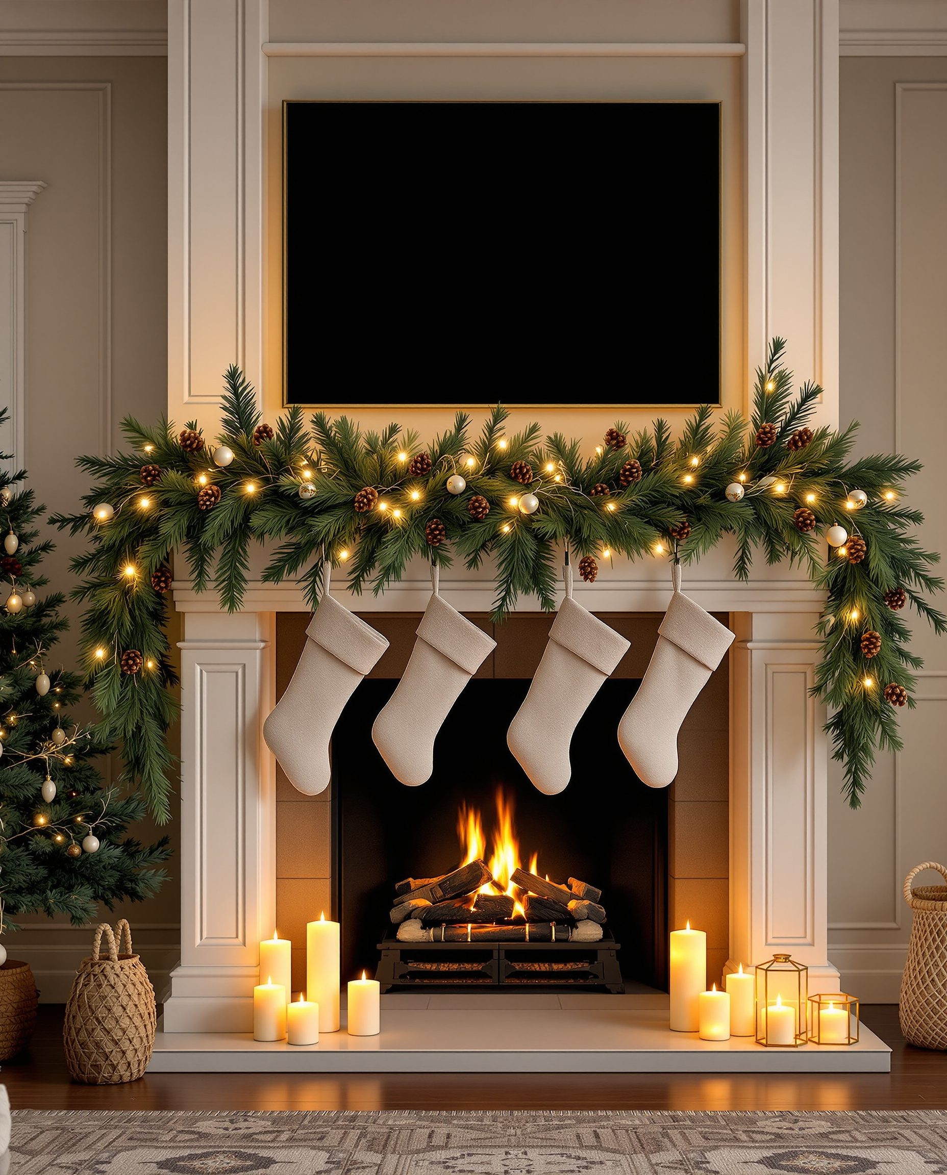 Christmas Mantel Garland — White & Gold