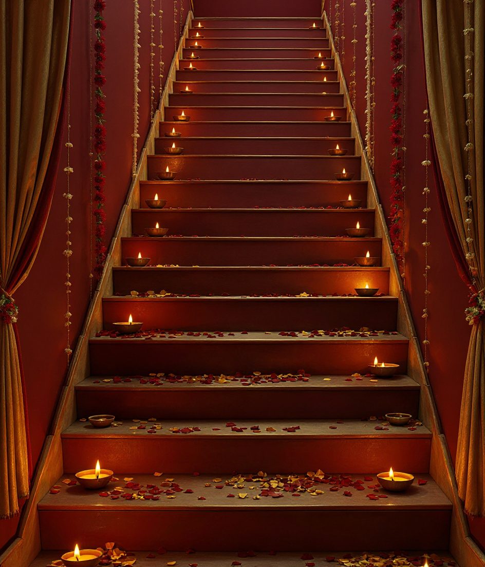 Diya-Lined Festive Staircase — Gold & Crimson