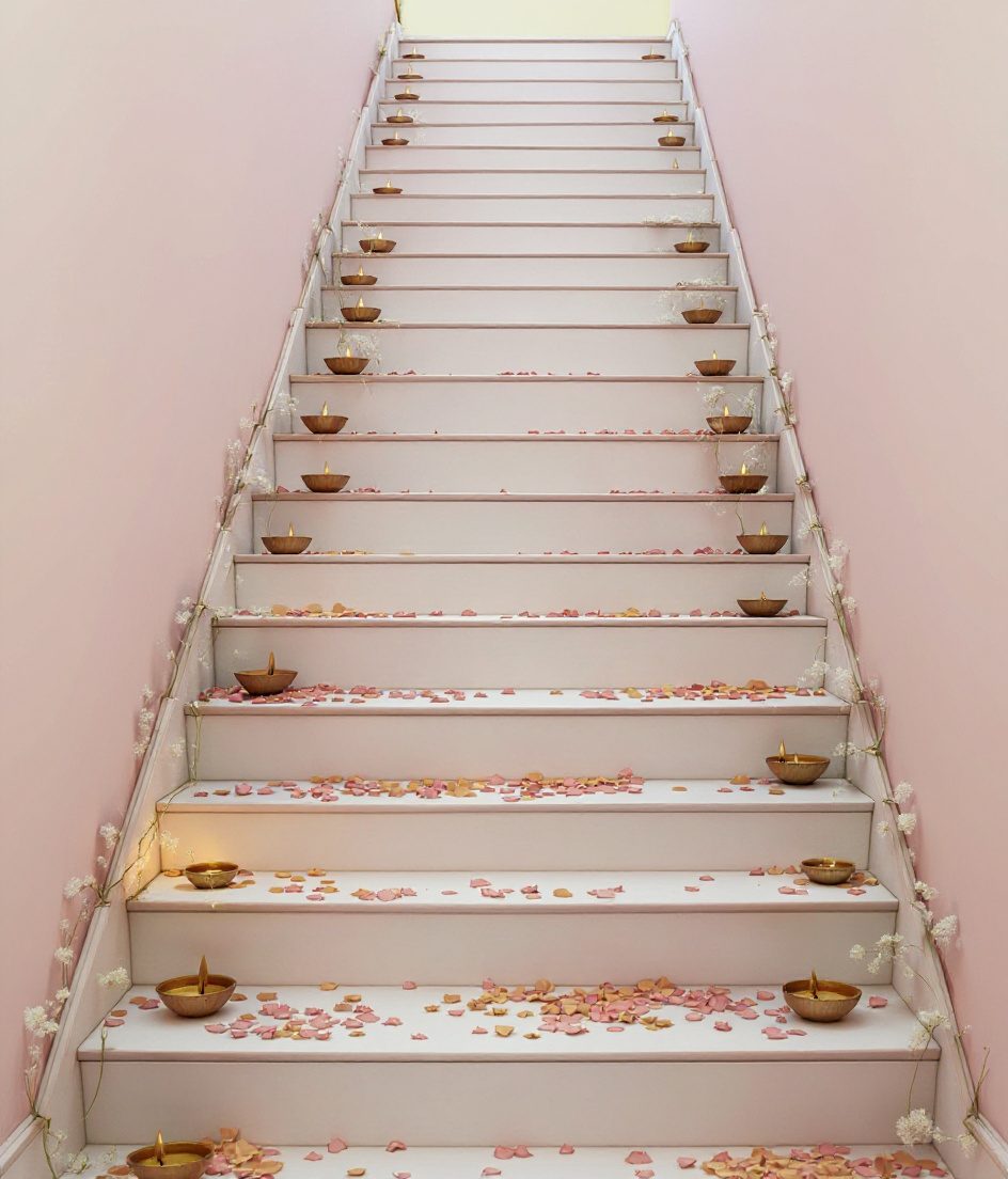 Diya-Lined Festive Staircase — Ivory & Rose-Gold