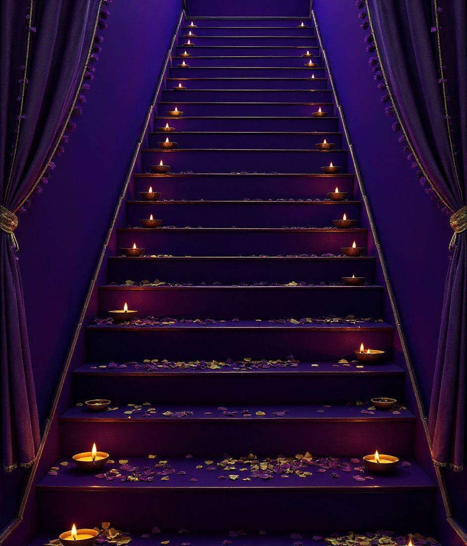 Diya-Lined Festive Staircase — Purple & Gold