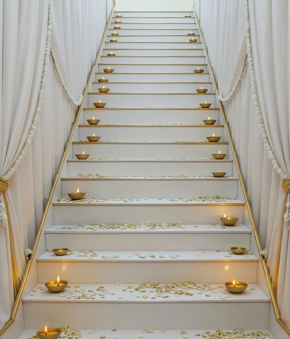 Diya-Lined Festive Staircase — White & Gold