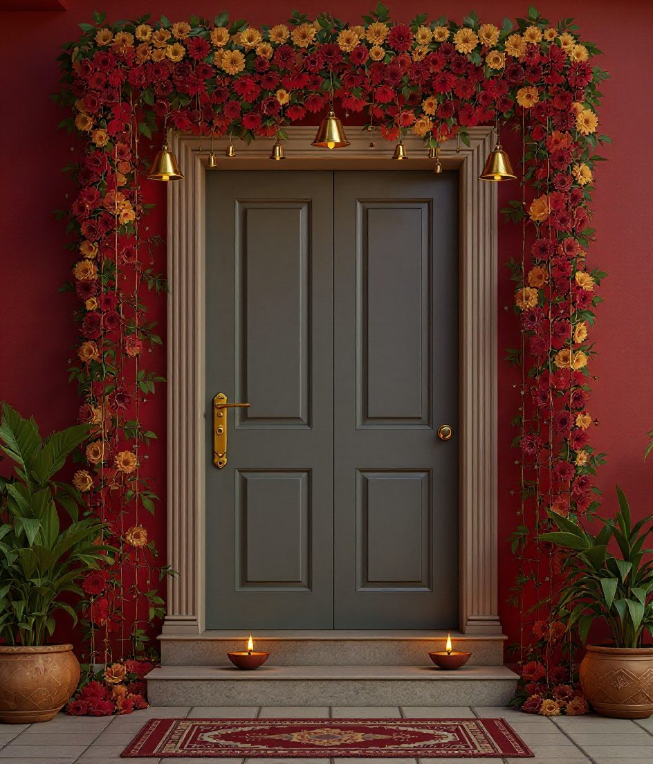 Lit Toran Doorway Display — Gold & Crimson