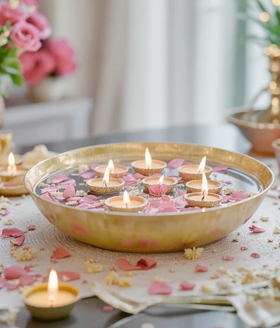 Floating Diya Flower Urli — Ivory & Rose-Gold