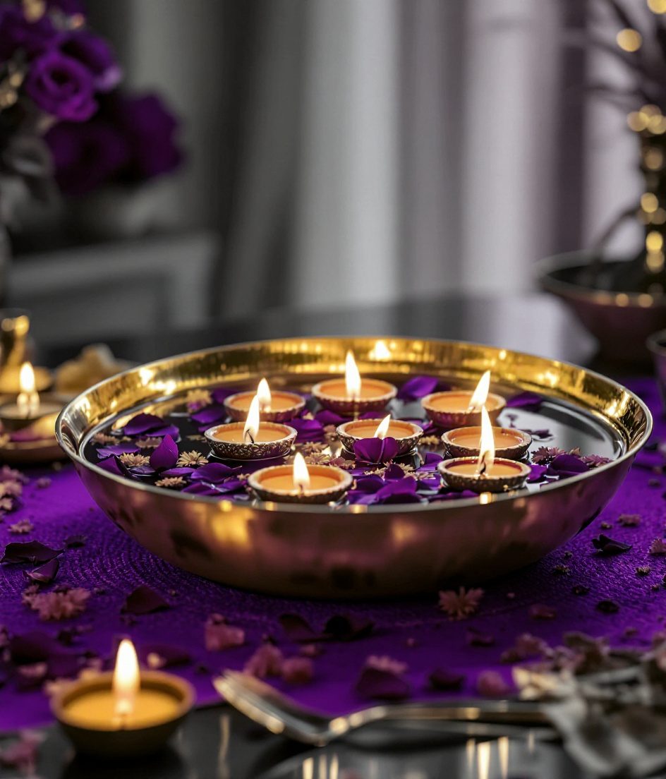 Floating Diya Flower Urli — Purple & Gold
