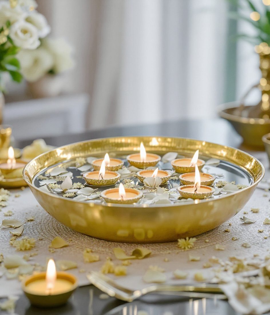 Floating Diya Flower Urli — White & Gold