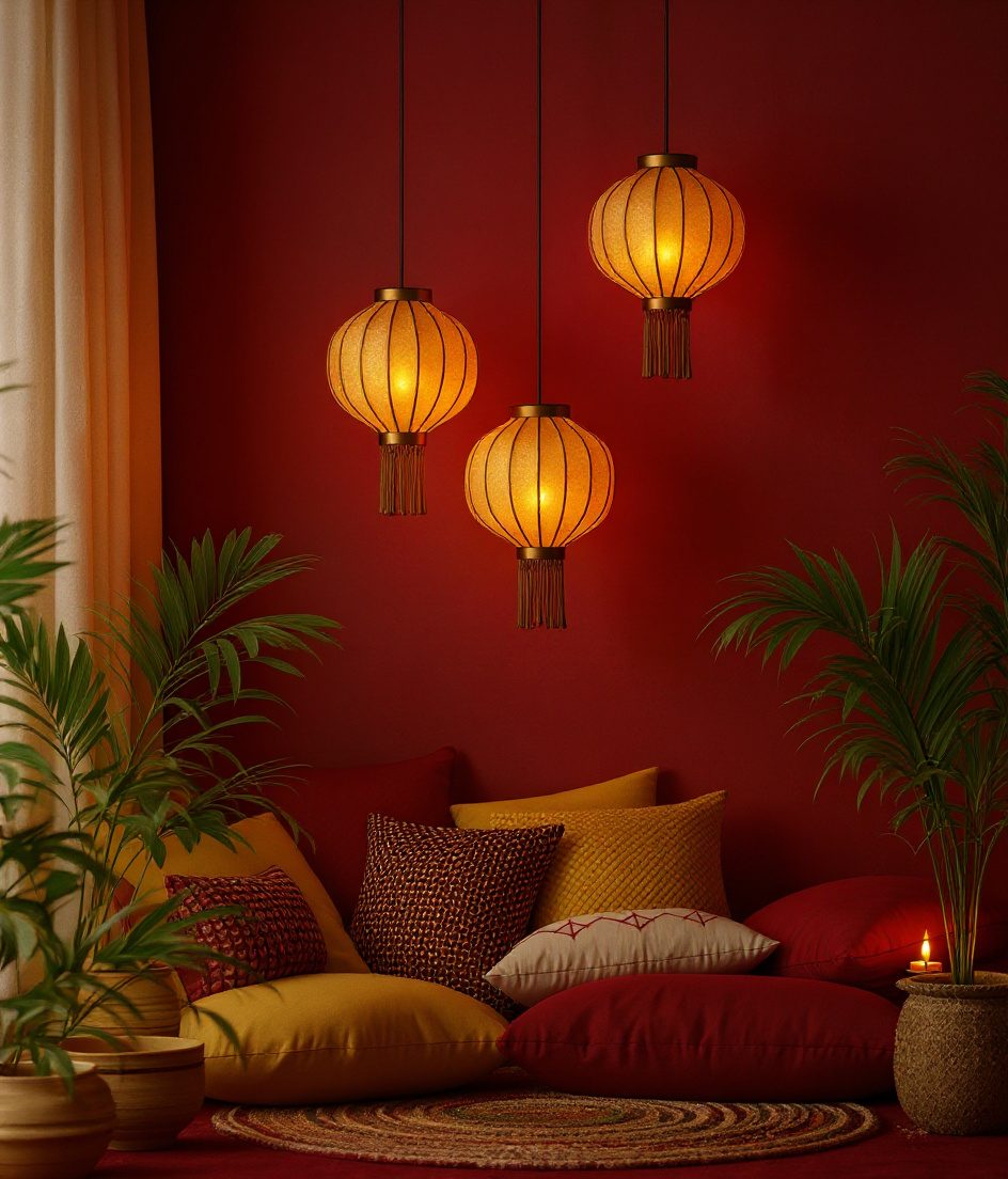 Diwali Paper Lantern Corner — Gold & Crimson