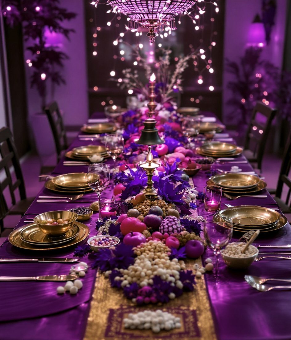 Festive Harvest Dining Decor — Purple & Gold