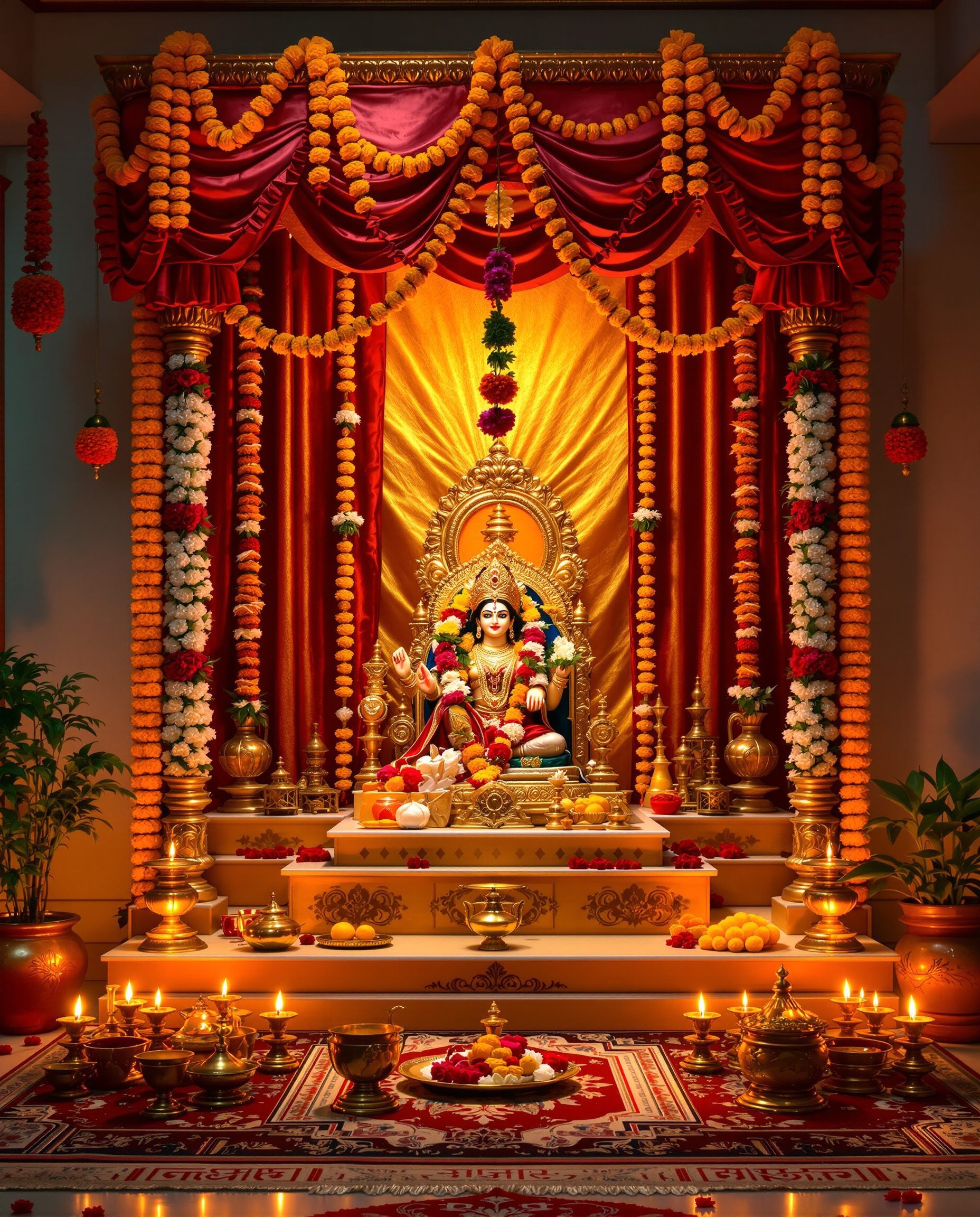 Festive Pooja Mandir Decor — Gold & Crimson
