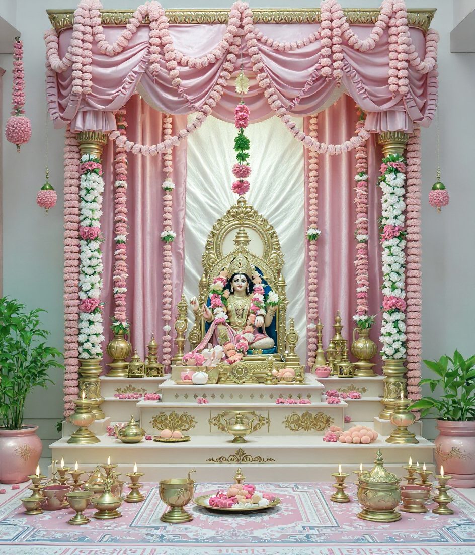 Festive Pooja Mandir Decor — Ivory & Rose-Gold