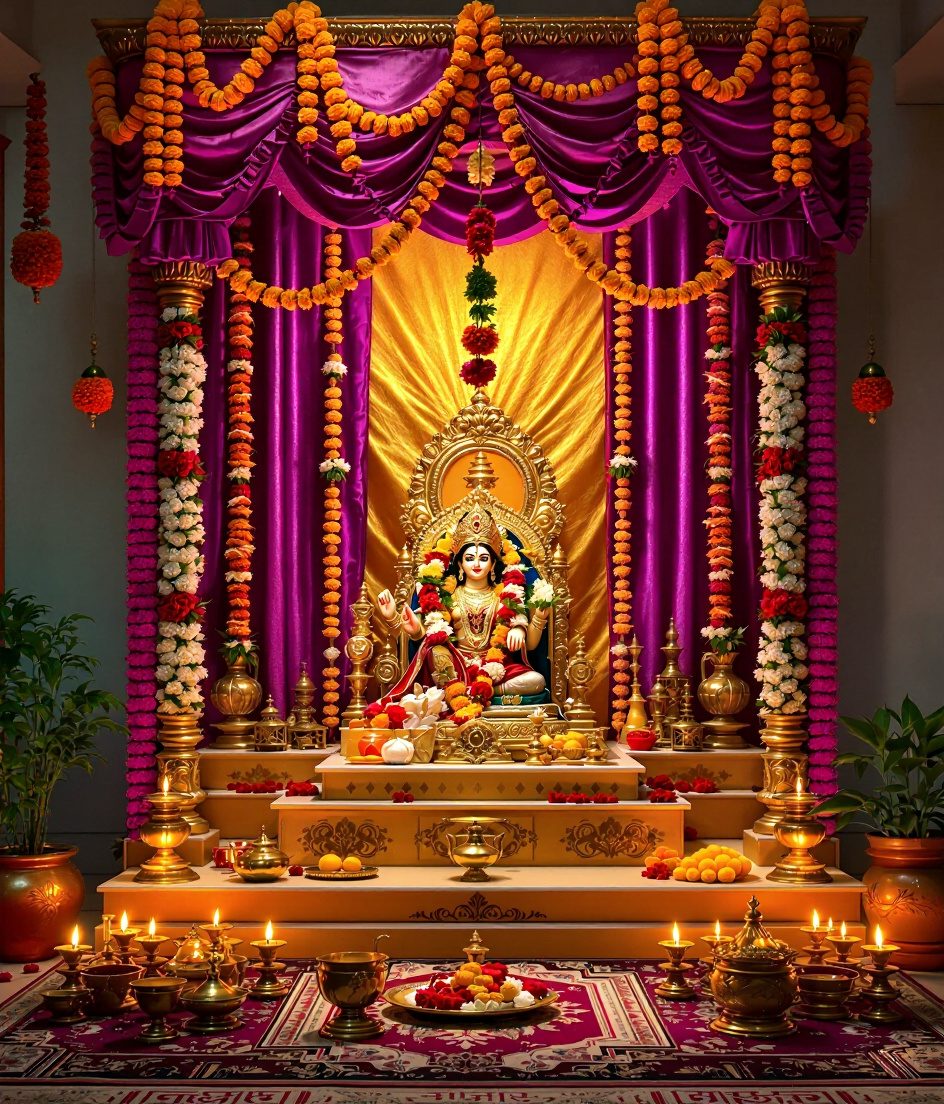 Festive Pooja Mandir Decor — Marigold & Magenta