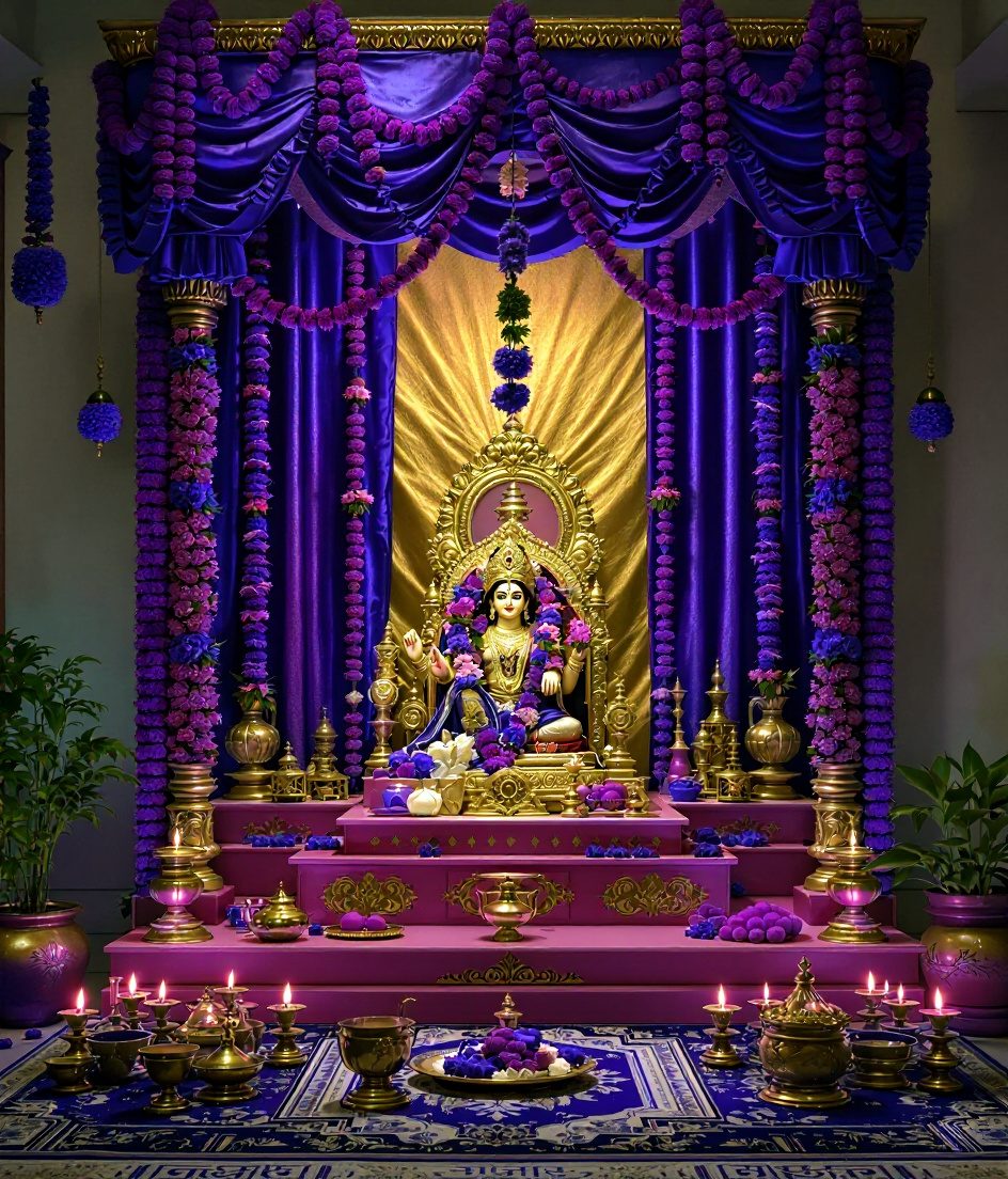 Festive Pooja Mandir Decor — Purple & Gold