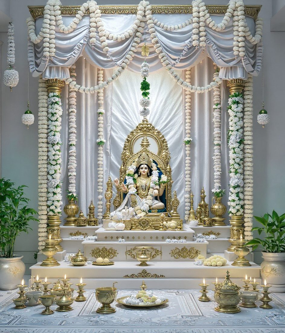 Festive Pooja Mandir Decor — White & Gold