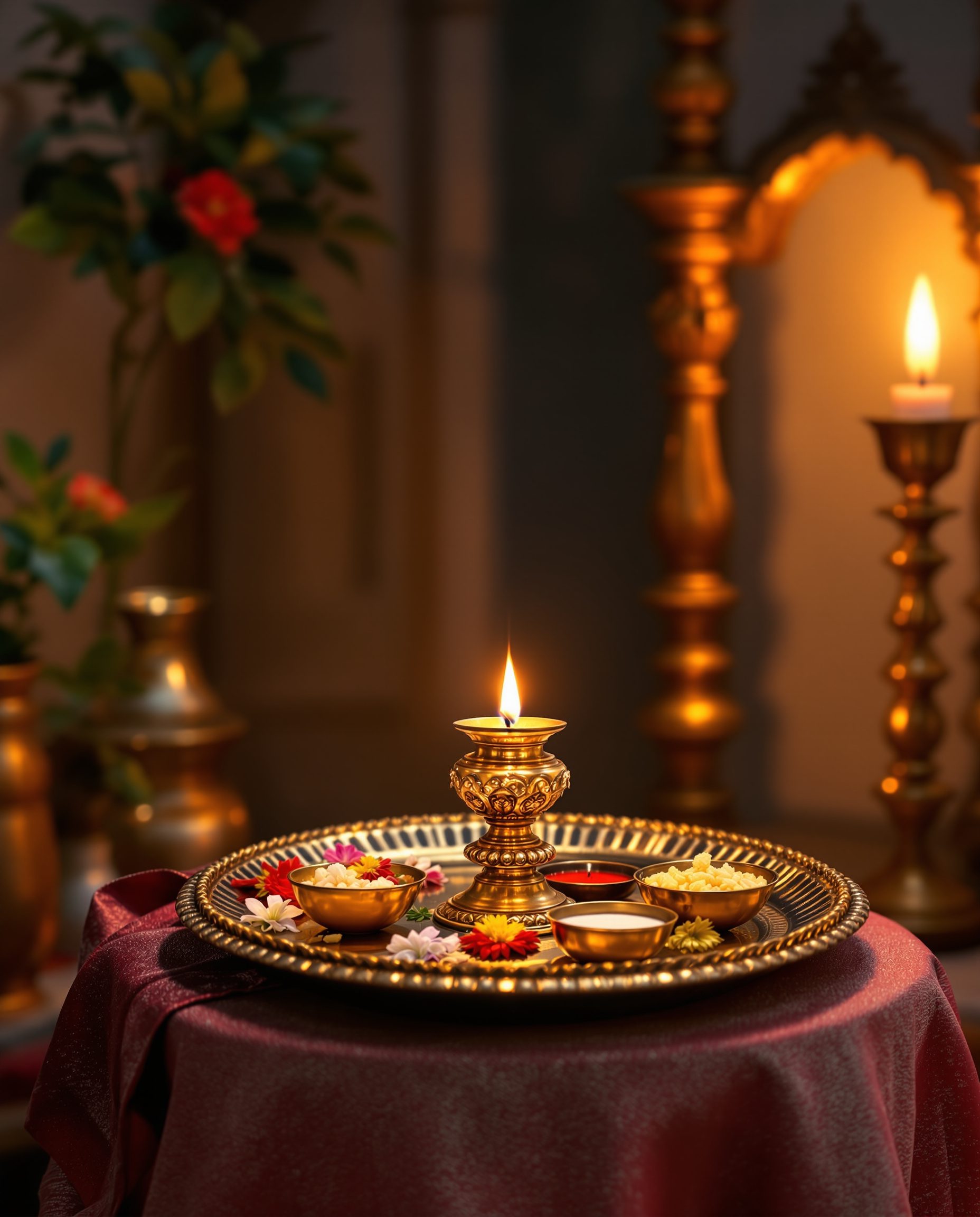 Festive Pooja Thali Corner — Gold & Crimson