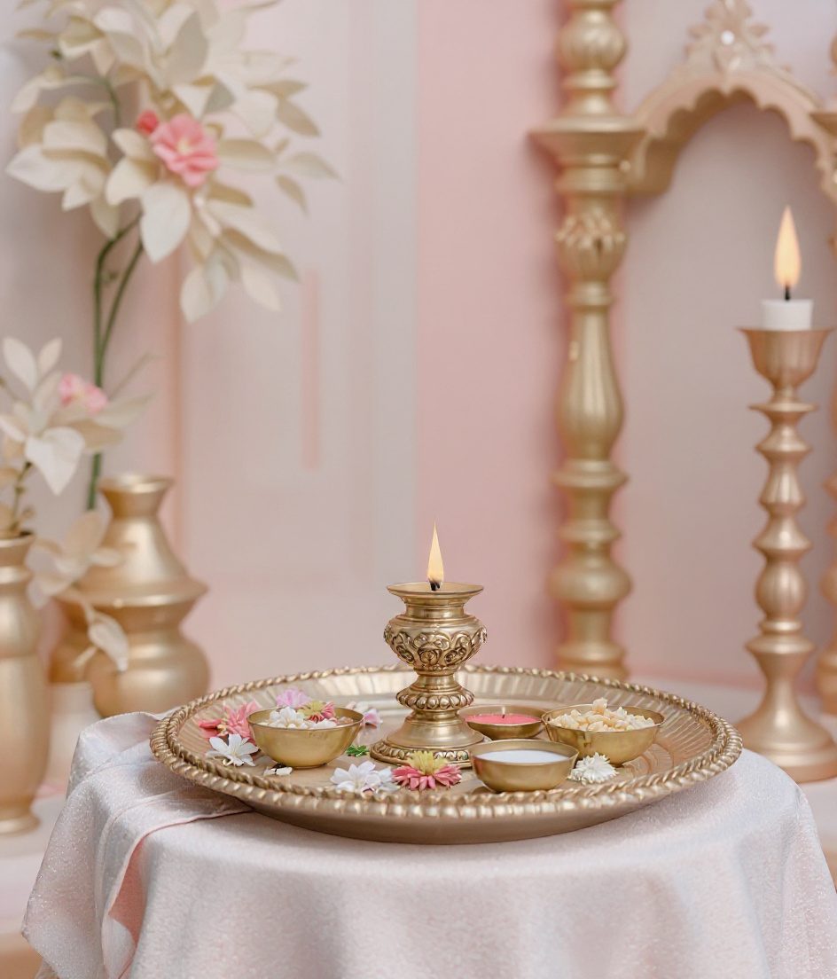 Festive Pooja Thali Corner — Ivory & Rose-Gold