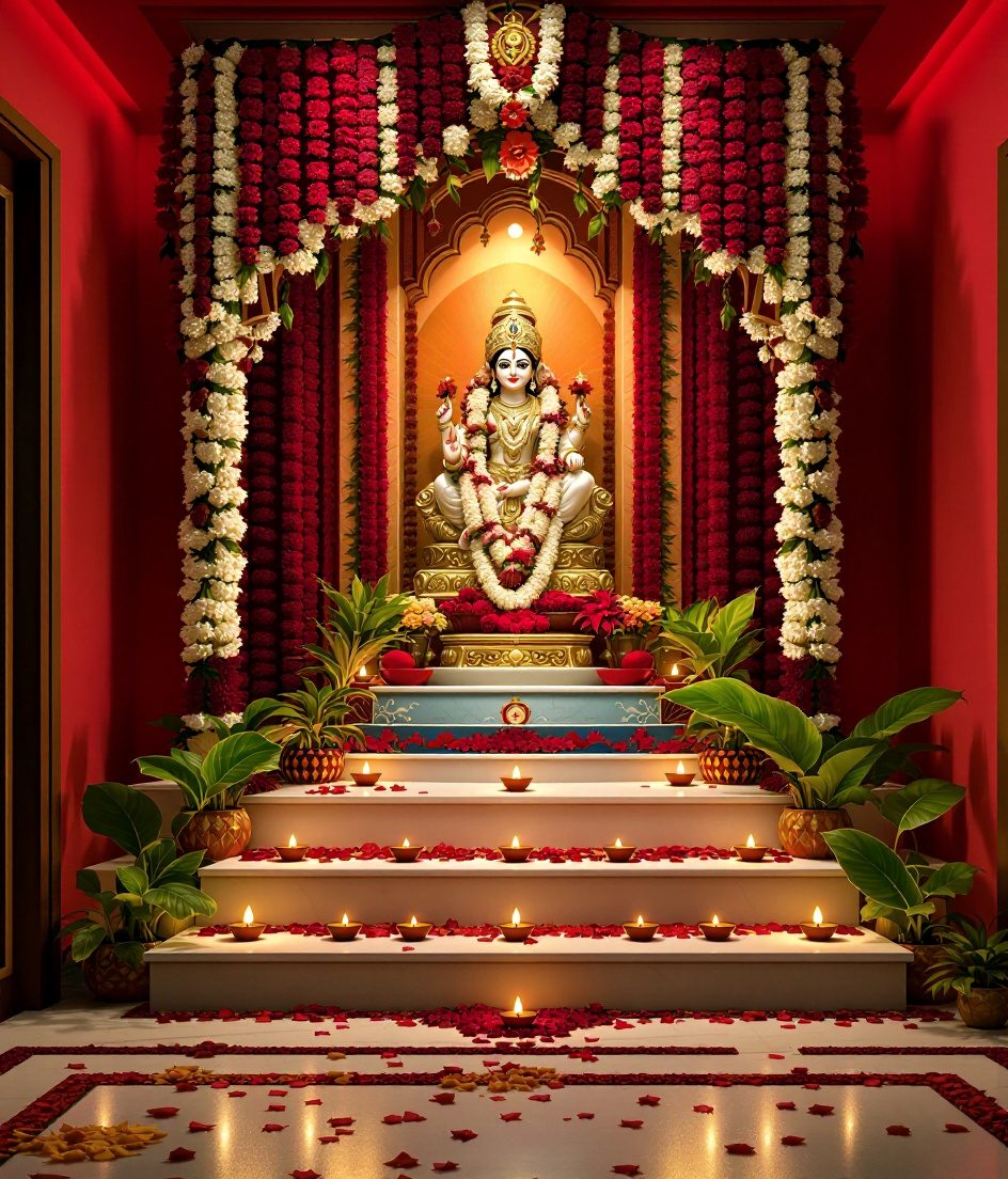 Flower-Decked Home Temple — Gold & Crimson