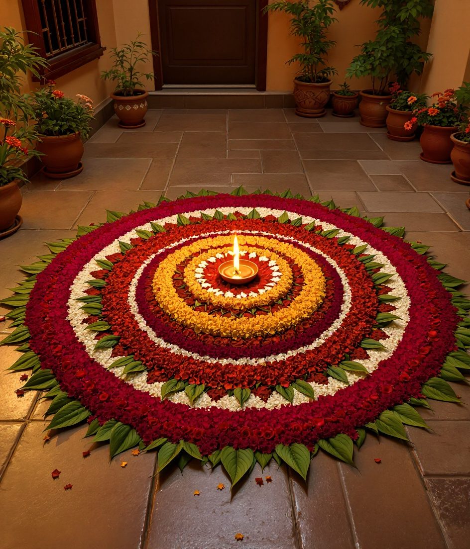 Fresh Flower Rangoli Courtyard — Gold & Crimson