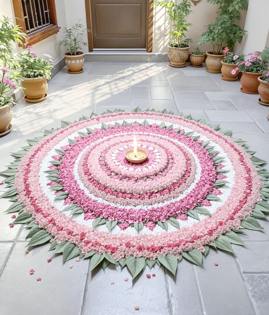 Fresh Flower Rangoli Courtyard — Ivory & Rose-Gold