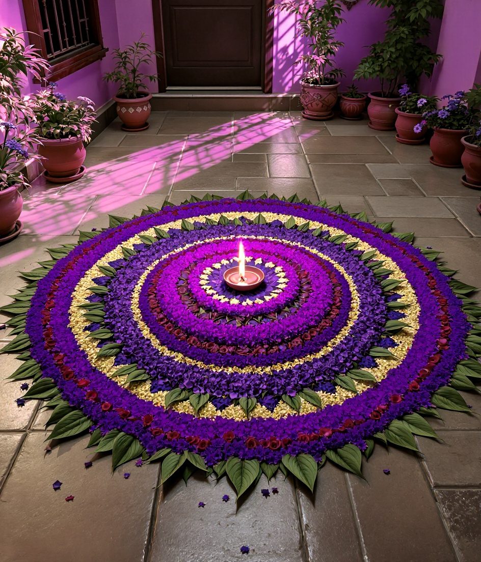 Fresh Flower Rangoli Courtyard — Purple & Gold
