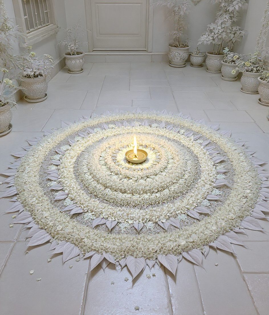 Fresh Flower Rangoli Courtyard — White & Gold