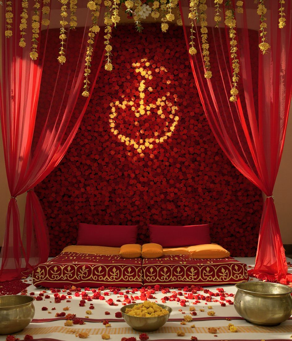 Haldi Ceremony Marigold Decor — Gold & Crimson